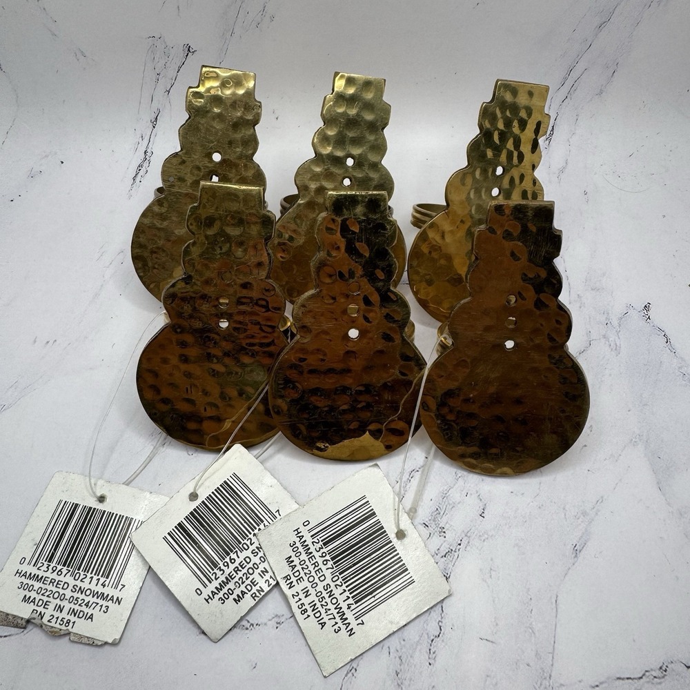 Vintage Kemp & Beatley Set of 6 Hammered Brass Gold Snowman Napkin Rings